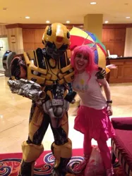 Size: 320x427 | Tagged: safe, derpibooru import, pinkie pie, anime usa, bumblebee, cosplay, irl, photo, transformers