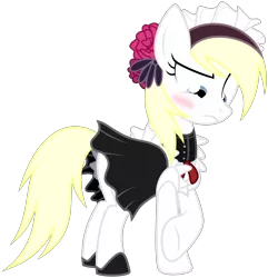 Size: 4000x4149 | Tagged: absurd resolution, artist:vectorfag, blushing, clothes, derpibooru import, edit, flower, hoofrub, looking down, maid, oc, oc:aryanne, safe, simple background, skirt, solo, transparent background, unhappy, unofficial characters only, vector