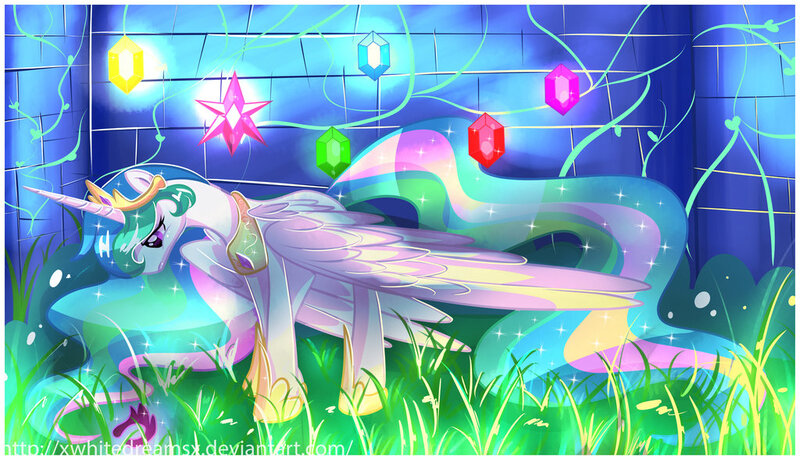 Size: 1024x589 | Tagged: artist:xwhitedreamsx, crown, derpibooru import, elements of harmony, magic, princess celestia, sad, safe, solo, wall