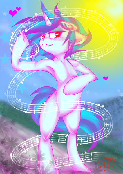 Size: 4961x7016 | Tagged: safe, artist:kindalkaykay, derpibooru import, vinyl scratch, pony, absurd resolution, bipedal, heart, music notes, red eyes, solo, stars, sunlight, swirl