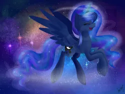 Size: 1400x1050 | Tagged: artist:lemonypops, magic, princess luna, safe, smiling, solo, space