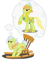 Size: 1908x2510 | Tagged: safe, artist:silentbutbeardly, derpibooru import, granny smith, earth pony, pony, armor, female, helmet, hoof shoes, mare, rocking chair, royal guard, royal guard armor, sitting, solo, thought bubble, young granny smith, younger