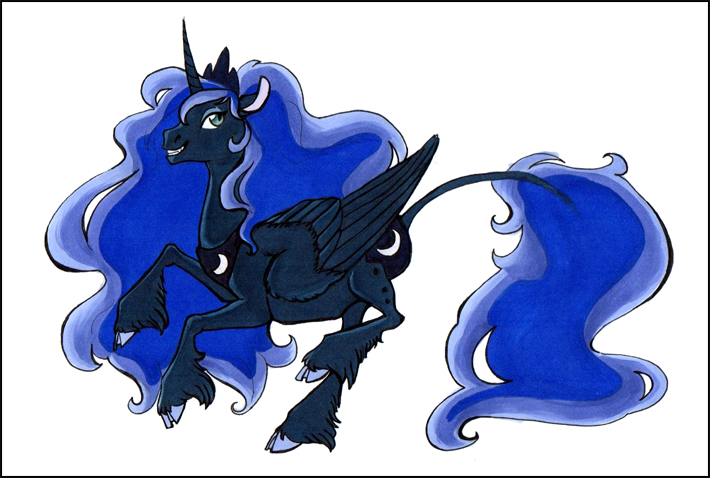 Size: 710x478 | Tagged: artist:nattikay, classical unicorn, cloven hooves, derpibooru import, floppy ears, grin, leonine tail, princess luna, safe, solo, unshorn fetlocks