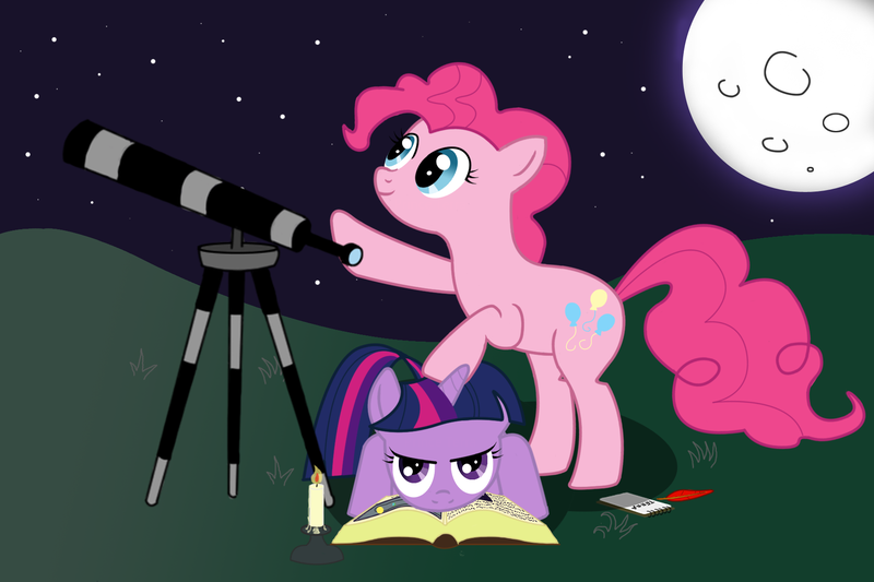 Size: 1800x1200 | Tagged: safe, artist:princeterra, derpibooru import, pinkie pie, twilight sparkle, book, moon, night, telescope, twilight is not amused, unamused