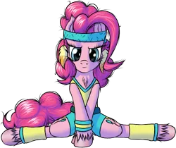 Size: 485x407 | Tagged: artist:skorpionletun, chest fluff, clothes, derpibooru import, fitness, fluffy, headband, leg warmers, pinkie pie, safe, semi-anthro, simple background, sitting, smiling, solo, splits, transparent background, unshorn fetlocks, workout outfit, wristband, yoga