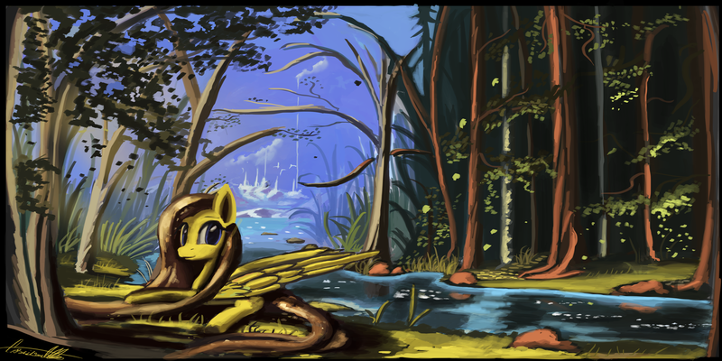 Size: 1600x800 | Tagged: artist:auroriia, derpibooru import, fluttershy, forest, looking at you, nature, prone, river, safe, smiling, solo, stream, water