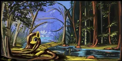 Size: 1600x800 | Tagged: artist:auroriia, derpibooru import, fluttershy, forest, looking at you, nature, prone, river, safe, smiling, solo, stream, water