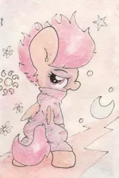 Size: 679x1016 | Tagged: safe, artist:slightlyshade, derpibooru import, scootaloo, pegasus, pony, bipedal, clothes, costume, filly, looking back, show stopper outfits, solo, traditional art