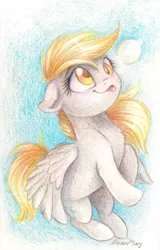 Size: 500x783 | Tagged: safe, artist:dearmary, derpibooru import, derpy hooves, pegasus, pony, bubble, floppy ears, sky, solo, tongue out, traditional art