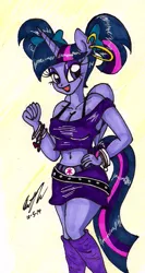 Size: 817x1530 | Tagged: 80s, 80s hair, alternate hairstyle, anthro, artist:newyorkx3, belly button, breasts, cleavage, clothes, derpibooru import, earring, female, midriff, pigtails, safe, skirt, smiling, solo, traditional art, twilight sparkle, twilight sparkle (alicorn)