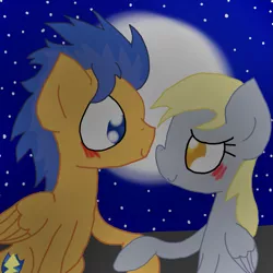 Size: 999x999 | Tagged: safe, artist:mmdfantage, derpibooru import, derpy hooves, flash sentry, pegasus, pony, blushing, crack shipping, derpsentry, female, hoof hold, male, mare, moon, night, shipping, stars, straight