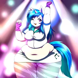 Size: 2560x2560 | Tagged: anthro, artist:cakehoarder, bbw, belly, belly button, breasts, busty vinyl scratch, chubby, clothes, cute, derpibooru import, equestria girls outfit, fat, female, fingerless gloves, gloves, hips, impossibly wide hips, midriff, muffin top, pear, solo, solo female, suggestive, thigh highs, thighs, thunder thighs, vinyl fat, vinyl scratch, wide hips