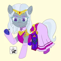 Size: 1600x1600 | Tagged: alternate hairstyle, artist:wodahseht, boots, clothes, cosplay, costume, crossover, cute, derpibooru import, dress, filly, glasses, gloves, looking at you, makeup, musical instrument, nintendo, ocarina, princess zelda, saddle, safe, silver spoon, smiling, solo, the legend of zelda, the legend of zelda: ocarina of time, tiara, triforce