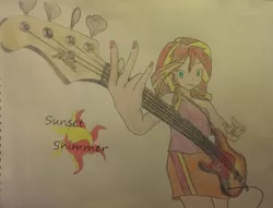 Size: 1600x1225 | Tagged: safe, artist:cyrix-s, derpibooru import, sunset shimmer, equestria girls, bass guitar, musical instrument, solo