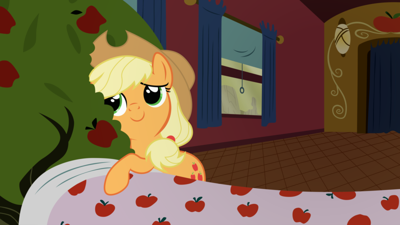 Size: 6521x3667 | Tagged: safe, artist:dinoboted, derpibooru import, applejack, bloomberg, earth pony, pony, over a barrel, apple, apple tree, bed, blanket, female, food, hug, mare, train, tree, vector