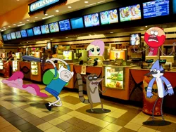 Size: 960x720 | Tagged: artist:dontae98, benson, crossover, derpibooru import, fast food, finn the human, fluttershy, irl, mordecai, mordecai and rigby, photo, pinkie pie, ponies in real life, rigby, safe, sword