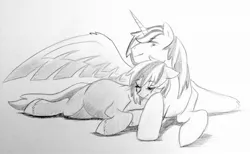 Size: 1024x632 | Tagged: safe, artist:kianamai, derpibooru import, oc, oc:red june, oc:valiant heart, unofficial characters only, alicorn, pony, kilalaverse, alicorn oc, cuddling, cute, female, kilala97 is trying to murder us, lying down, male, next generation, oc x oc, offspring, offspring shipping, parent:big macintosh, parent:cheerilee, parent:princess cadance, parent:shining armor, parents:cheerimac, parents:shiningcadance, pencil drawing, pregnant, shipping, snuggling, straight, traditional art, unshorn fetlocks