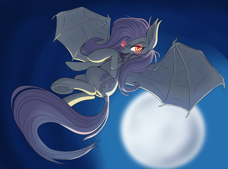 Size: 1250x923 | Tagged: safe, artist:pusspuss, derpibooru import, fluttershy, backlighting, flutterbat, flying, glowing eyes, moon, solo, tongue out, underhoof