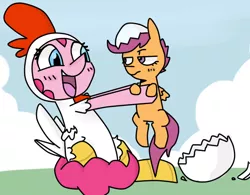 Size: 642x500 | Tagged: animal costume, artist:meowing-ghost, chicken pie, chicken suit, clothes, costume, derpibooru import, duo, egg, grumpy, hatching, hatchling, pinkie pie, safe, scootachicken, scootaloo, scootaloo is not amused