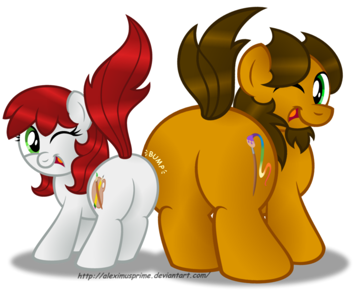 Size: 1024x835 | Tagged: artist:aleximusprime, artist pony, butt bump, butt to butt, butt touch, chubby, cute, derpibooru import, flank, oc, oc:alex the chubby pony, oc:palette swap, plot, plot pair, ponysona, safe, simple background, transparent background, unofficial characters only, wink