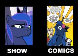 Size: 845x600 | Tagged: comics, comparison, derpibooru import, flanderization, idw, princess luna, safe, tiberius