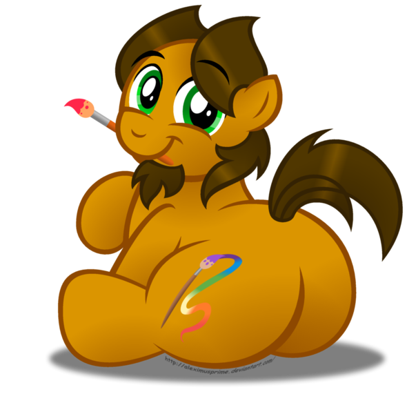 Size: 1024x1042 | Tagged: aleximusbetes, artist:aleximusprime, chubby, cute, derpibooru import, flank, looking back, oc, oc:alex the chubby pony, paintbrush, plot, plump, ponysona, safe, simple background, solo, transparent background, unofficial characters only