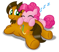 Size: 1024x892 | Tagged: safe, artist:aleximusprime, derpibooru import, pinkie pie, oc, oc:alex the chubby pony, butt pillow, canon x oc, cute, daaaaaaaaaaaw, diabetes, eyes closed, flank, leaning, looking back, pillow, plot, ponysona, prone, simple background, sleeping, smiling, sploot, transparent background, zzz