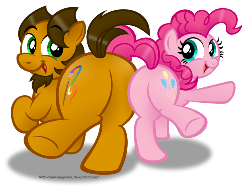 Size: 1024x785 | Tagged: safe, artist:aleximusprime, derpibooru import, pinkie pie, oc, oc:alex the chubby pony, balloonbutt, butt bump, butt to butt, butt touch, canon x oc, cute, flank, plot, plot pair, ponysona, simple background, transparent background