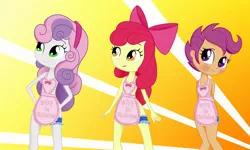 Size: 1706x1024 | Tagged: safe, artist:ohohokapi, deleted from derpibooru, derpibooru import, apple bloom, scootaloo, sweetie belle, equestria girls, apron, arm behind back, blushing, bow, cutie mark crusaders, embarrassed, garter, grin, hair bow, looking up, naked apron, smiling, stepford wife, sunburst background, tomboy taming