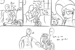 Size: 1800x1200 | Tagged: safe, artist:frikdikulous, derpibooru import, fluttershy, oc, oc:anon, human, pony, comic, cute, cutemail, dialogue, grayscale, holding a pony, monochrome, pouting, shyabetes, sketch