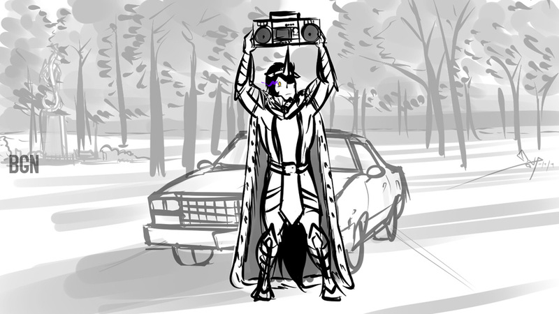 Size: 1024x576 | Tagged: anthro, armor, artist:bgn, cape, car, clothes, crown, derpibooru import, former good king sombra, king sombra, male, radio, safe, say anything, solo, tree, unguligrade anthro