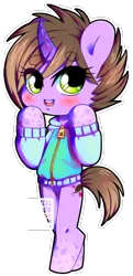 Size: 580x1200 | Tagged: dead source, safe, artist:nauticalsparrow, derpibooru import, oc, oc:karo, unofficial characters only, pony, bipedal, blushing, clothes, curved horn, simple background, solo, sweater, transparent background