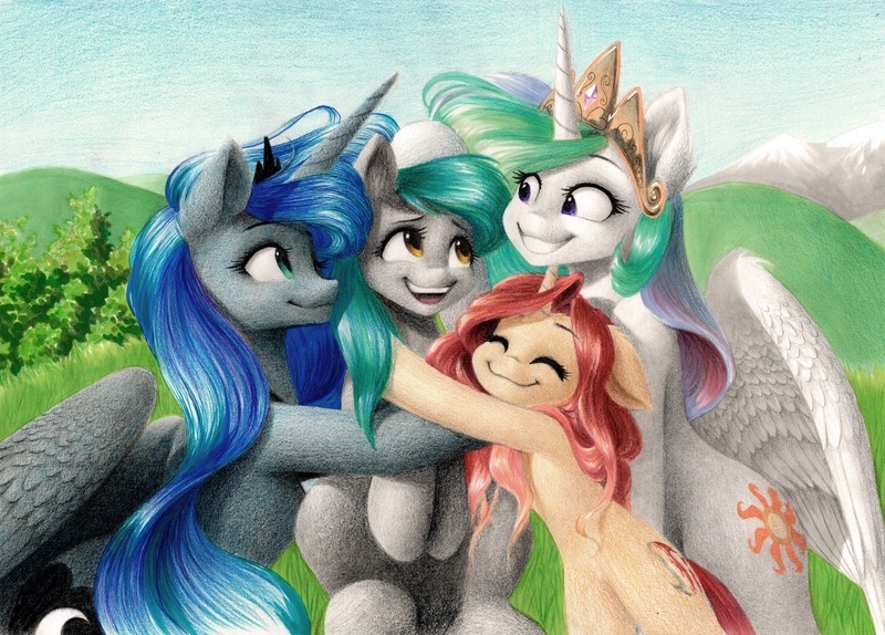 Size: 4333x3108 | Tagged: safe, artist:katputze, derpibooru import, princess celestia, princess luna, oc, oc:crimsy, oc:silfoe, pony, bipedal, birthday, colored pencil drawing, eyes closed, floppy ears, grin, happy, hug, markers, mixed media, open mouth, sitting, smiling, traditional art