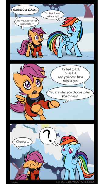 Size: 1331x2366 | Tagged: safe, derpibooru import, rainbow dash, scootaloo, pegasus, pony, clothes, comic, confused, context is for the weak, crying, eyes closed, floppy ears, frown, hogarth hughes, question mark, rainbow dash turning into an assault rifle, raised eyebrow, raised hoof, smiling, teary eyes, the iron giant, transformers: age of extinction