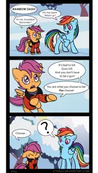 Size: 1331x2366 | Tagged: safe, derpibooru import, rainbow dash, scootaloo, pegasus, pony, clothes, comic, confused, context is for the weak, crying, eyes closed, floppy ears, frown, hogarth hughes, question mark, rainbow dash turning into an assault rifle, raised eyebrow, raised hoof, smiling, teary eyes, the iron giant, transformers: age of extinction