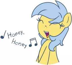 Size: 1135x1020 | Tagged: abba, artist:furrgroup, derpibooru import, dialogue, eyes closed, honey honey, mamma mia, music notes, oc, oc:honey, open mouth, safe, simple background, singing, solo, song reference, unofficial characters only, white background