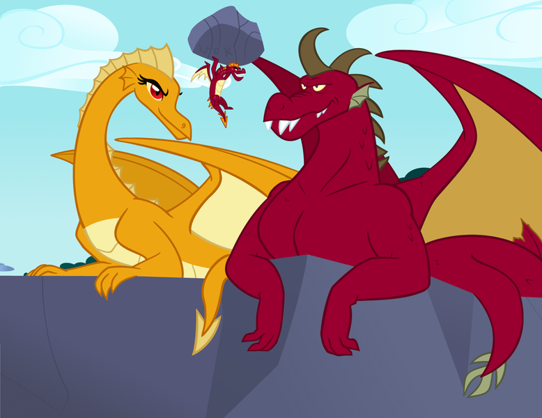 Size: 1024x790 | Tagged: alternate version, artist:queencold, derpibooru import, dragon, dragoness, dragon oc, father, father and son, female, garble, lifting, male, milestone, mother, mother and son, oc, oc:caldera, oc:maximus, parent, prone, pun, rock, safe, teenaged dragon, trio