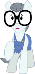 Size: 1600x3340 | Tagged: safe, artist:vectorizedunicorn, derpibooru import, silver shill, earth pony, pony, clothes, glasses, male, nervous, overalls, simple background, solo, stallion, transparent background, vector