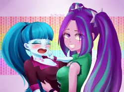 Size: 2671x2000 | Tagged: suggestive, artist:mia-doof, derpibooru import, aria blaze, sonata dusk, equestria girls, rainbow rocks, arisona, bad touch, bedroom eyes, blushing, breasts, choker, cleavage, clothes, crying, eyes closed, fangs, female, grabbing, grin, lesbian, looking at you, looking back, molestation, open mouth, raised eyebrow, shipping, smiling, symmetrical docking