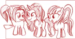 Size: 442x230 | Tagged: safe, artist:woox, derpibooru import, adagio dazzle, aria blaze, sonata dusk, equestria girls, rainbow rocks, filly, flockmod, lineart, monochrome, pointing, smiling, the dazzlings