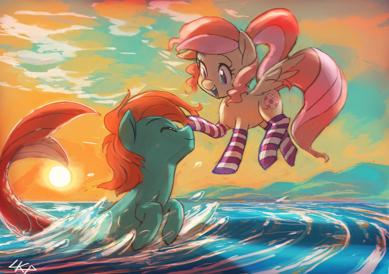 Size: 1280x903 | Tagged: safe, artist:paradoxbroken, derpibooru import, oc, unofficial characters only, pegasus, pony, sea pony, boop, clothes, female, male, ocean, shipping, socks, straight, striped socks
