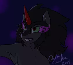 Size: 796x712 | Tagged: abstract background, anthro, armpits, artist:dark candle, bare chest, bust, clothes, colored, derpibooru import, fangs, glare, king sombra, male, solo, solo male, sombra eyes, suggestive, teeth, topless