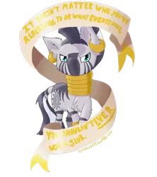 Size: 1280x1440 | Tagged: safe, artist:tricolorarts, derpibooru import, zecora, zebra, banner, ear piercing, earring, female, image, jewelry, looking at you, mare, meck rings, message, mouthpiece, piercing, png, racism, simple background, slur, white background