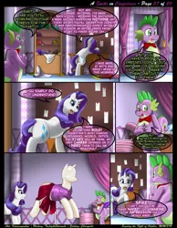 Size: 1165x1500 | Tagged: artist:kitsuneyoukai, blushing, bowtie, comic:a spike in confidence, courtship, crying, derpibooru import, dialogue, eating, embarrassed, explicit source, eyes closed, interior, leaning, looking back, mannequin, oblivious, plot, rarity, rarity's bedroom, safe, spike, sweat, talking, we don't normally wear clothes