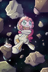 Size: 1400x2100 | Tagged: safe, artist:spikedmauler, derpibooru import, fluttershy, pinkie pie, astronaut, solo, space, spacesuit, wingding eyes