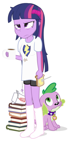 Size: 480x1008 | Tagged: safe, artist:dm29, derpibooru import, flash sentry, spike, twilight sparkle, twilight sparkle (alicorn), dog, equestria girls, bed hair, bloodshot eyes, book, bow, butter, chinese food, clothes, coffee, coffee mug, dishevelled, duo, fork, frown, hangover, implied flashlight, messy hair, mug, shirt, simple background, socks, spike the dog, tired, toast, transparent background, unamused, vector