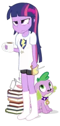 Size: 480x1008 | Tagged: safe, artist:dm29, derpibooru import, flash sentry, spike, twilight sparkle, twilight sparkle (alicorn), dog, equestria girls, bed hair, bloodshot eyes, book, bow, butter, chinese food, clothes, coffee, coffee mug, dishevelled, duo, fork, frown, hangover, implied flashlight, messy hair, mug, shirt, simple background, socks, spike the dog, tired, toast, transparent background, unamused, vector