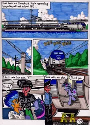 Size: 1401x1954 | Tagged: safe, artist:newyorkx3, derpibooru import, flash sentry, spike, twilight sparkle, twilight sparkle (alicorn), alicorn, human, pony, comic:twilight and the big city, amfleet, amtrak, bag, comic, diesel locomotive, eyes closed, female, ge genesis, ge p32ac-dm, locomotive, mare, saddle bag, traditional art, train