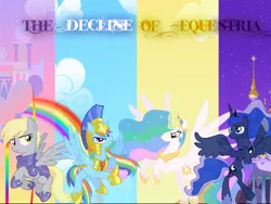 Size: 600x450 | Tagged: safe, artist:php50, derpibooru import, derpy hooves, princess celestia, princess luna, rainbow dash, alicorn, pegasus, pony, armor, ethereal mane, female, group, helmet, hoof shoes, mare, peytral, quartet, rearing, spread wings, starry mane, the decline of equestria, wings