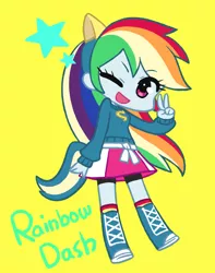 Size: 631x800 | Tagged: safe, artist:chanxco, derpibooru import, rainbow dash, equestria girls, chibi, cute, dashabetes, female, one eye closed, open mouth, peace sign, pixiv, simple background, solo, stars, wink, wondercolts, wondercolts uniform, yellow background